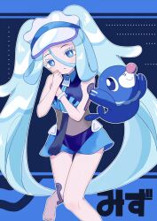 Rule 34 | 1girl, bare legs, bare shoulders, barefoot, blue eyes, blue hair, bright pupils, colored eyelashes, commentary, creatures (company), crossover, eyelashes, foot out of frame, game freak, gen 7 pokemon, hands up, hatsune miku, highres, light blue hair, liquid hair, long hair, looking at viewer, nintendo, parted lips, piko pinapi, pokemon, pokemon (creature), popplio, project voltage, solo, standing, swimsuit, translated, twintails, very long hair, visor cap, vocaloid, water miku (project voltage), white pupils, zipper pull tab