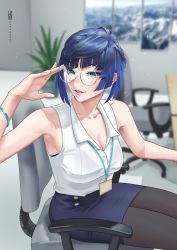 Rule 34 | 1girl, absurdres, adjusting eyewear, armpits, artist name, blouse, blue hair, blue skirt, blurry, blurry background, braid, breasts, chair, cleavage, contemporary, diagonal bangs, genshin impact, glasses, green eyes, highres, id card, kashenori, large breasts, looking at viewer, mole, mole on breast, multicolored hair, office chair, office lady, on chair, parted lips, pencil skirt, shirt, short hair, sitting, skirt, sleeveless, sleeveless shirt, smile, solo, swivel chair, two-tone hair, white shirt, yelan (genshin impact)