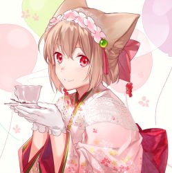 Rule 34 | 1girl, asahikawa hiyori, brown hair, closed mouth, commentary request, cup, from side, gloves, hair ornament, hairband, holding, long sleeves, looking at viewer, original, red eyes, short hair, smile, solo, teacup, tray, white gloves