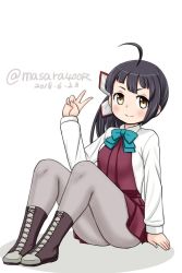 Rule 34 | 1girl, ahoge, asymmetrical bangs, black hair, boots, bow, bowtie, cross-laced footwear, dated, fujinami (kancolle), full body, grey pantyhose, hair ribbon, kantai collection, lace-up boots, long hair, long sleeves, looking at viewer, masara (chuujou), pantyhose, ribbon, school uniform, shirt, side ponytail, simple background, smile, solo, twitter username, v, white background, white ribbon, white shirt, yellow eyes