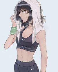 Rule 34 | 1girl, andou (girls und panzer), april tada, black hair, black shorts, black sports bra, breasts, brown eyes, cleavage, commentary, dark-skinned female, dark skin, girls und panzer, grey background, highres, light frown, logo, looking at viewer, medium breasts, medium hair, messy hair, navel, nike (company), parted lips, shorts, simple background, solo, sports bra, standing, towel, towel on head, upper body, wiping face, wristband