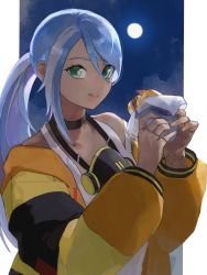 Rule 34 | 1girl, :q, blue hair, breasts, burger, dark-skinned female, dark skin, eating, fast food, finger tattoo, food, green eyes, highres, holding, holding food, isla (kof), lettuce, licking lips, light blue hair, long hair, looking at viewer, mask, mask around neck, meat, multicolored hair, oni gini, oversized clothes, ponytail, respirator, smile, solo, streaked hair, tank top, tattoo, the king of fighters, the king of fighters xv, tongue, tongue out