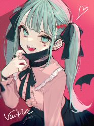 Rule 34 | 1girl, :d, akakura, aqua eyes, aqua hair, bat wings, black bow, black bowtie, black ribbon, black skirt, bow, bowtie, bracelet, center frills, commentary, ear piercing, fangs, frills, hair ornament, hair ribbon, hatsune miku, heart, heart hair ornament, heart tattoo, highres, jewelry, long hair, looking at viewer, mask, mask pull, mouth mask, open mouth, piercing, pink background, pink shirt, ribbon, ring, shirt, sidelocks, skirt, smile, solo, tattoo, vampire, vampire (vocaloid), vocaloid, wings