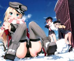 Rule 34 | 10s, 3girls, :o, ass, bismarck (kancolle), black panties, blonde hair, blue eyes, blue sky, blush, breasts, breath, brown eyes, brown hair, day, detached sleeves, fallen down, grey legwear, hat, highres, kani biimu, kantai collection, large breasts, long hair, mittens, multiple girls, open mouth, outdoors, panties, peaked cap, scarf, short hair, sky, snow, striped clothes, striped scarf, sweatdrop, tears, thighhighs, underwear, white panties, z1 leberecht maass (kancolle), z3 max schultz (kancolle)