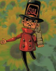 Rule 34 | 1boy, amputee, blush stickers, eyelashes, halacska fins, hat, highres, holding, looking to the side, one piece, outstretched arm, pencil mustache, solo, standing, standing on one leg, thunder soldier, top hat, toy soldier