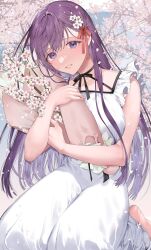 Rule 34 | 1girl, barefoot, blue eyes, bouquet, commentary request, dress, fate/stay night, fate (series), flower, hair flower, hair ornament, hair ribbon, highres, holding, holding bouquet, long hair, looking at viewer, matou sakura, purple hair, red ribbon, ribbon, shimatori (sanyyyy), sitting, sleeveless, sleeveless dress, smile, solo, white dress