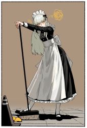 Rule 34 | 1girl, puff of air, absurdres, alternate costume, apron, bird, black dress, black footwear, black ribbon, border, braid, bright pupils, broom, chick, closed mouth, dress, enmaided, french braid, gogalking, grey hair, hair ribbon, head tilt, highres, holding, holding broom, junior (gogalking), long hair, long sleeves, maid, maid apron, maid headdress, original, pantyhose, ribbon, shoes, solo, squiggle, traffic cone, waist apron, white apron, white border, white pantyhose, white pupils, yellow eyes