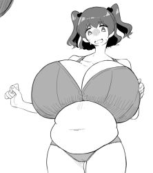 Rule 34 | 1girl, alternate body size, belly, bra, breasts, female focus, frogsnake, gigantic breasts, kawashiro nitori, long hair, looking at viewer, monochrome, panties, plump, solo, touhou, twintails, underwear, white background