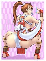 Rule 34 | 1girl, absurdres, ass, barefoot, breasts, brown eyes, brown hair, condom, condom in mouth, cosine, fatal fury, feet, from behind, highres, japanese clothes, large breasts, mouth hold, panties, pelvic curtain, ponytail, revealing clothes, rope, shiranui mai, shoes, sideboob, snk, solo, squatting, the king of fighters, toeless legwear, underwear, white panties, yagasuri