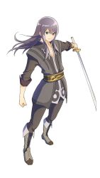 Rule 34 | 1boy, black jacket, boots, clenched hand, closed mouth, commentary request, full body, grey eyes, highres, holding, holding sword, holding weapon, jacket, long hair, male focus, purple hair, simple background, smile, solo, standing, sword, tales of (series), tales of vesperia, u66gy, weapon, white background, white trim, yuri lowell