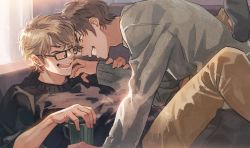 Rule 34 | 2boys, ace of diamond, black pants, black sweater, brown eyes, brown hair, brown pants, closed eyes, couple, cup, glasses, grey sweater, highres, holding, holding cup, looking at another, lying, male focus, miyuki kazuya, multiple boys, on back, open mouth, pants, sato (sato 1 11), sawamura eijun, short hair, smile, sweater, teeth, yaoi