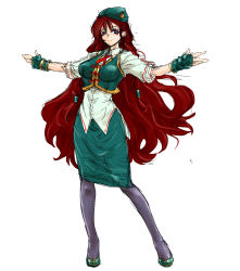 Rule 34 | 1girl, adapted costume, black pantyhose, blouse, blue eyes, cosmetics, crop top, fingerless gloves, gloves, high heels, highres, hong meiling, ledjoker07, long hair, looking at viewer, makeup, outstretched arms, pantyhose, pencil skirt, red hair, shirt, short sleeves, sketch, skirt, smile, solo, spread arms, standing, touhou, very long hair, white shirt