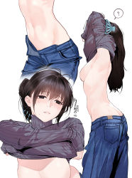 Rule 34 | 1girl, absurdres, artist name, ass, black hair, blue pants, blush, breasts, butt crack, closed mouth, denim, grey shirt, guitar little sister (hitomi o), hair ornament, hairclip, highres, hitomi o, jeans, long hair, long sleeves, mole, mole under mouth, navel, open fly, original, out-of-frame censoring, pants, shirt, sideboob, signature, sleeves past wrists, solo, stomach, sweat, sweater, turtleneck, turtleneck sweater, undressing, white background