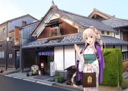 Rule 34 | 1girl, architecture, bag, black ribbon, building, day, east asian architecture, floral print, flower, hair flaps, hair ribbon, hitakikan, japanese clothes, kantai collection, kimono, long hair, long sleeves, looking at viewer, obi, official alternate costume, open mouth, outdoors, pink hair, plant, ponytail, potted plant, ribbon, sash, shopping bag, sidelocks, sign, sky, solo, very long hair, waving, wide sleeves, yura (kancolle)