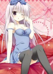 Rule 34 | 10s, 1girl, airi (alice or alice), alice or alice, arm support, black thighhighs, blue bow, blue dress, blush, bow, breasts, cleavage, collarbone, dress, floating hair, frilled dress, frills, hair between eyes, hair bow, heart, heart-shaped pillow, highres, korie riko, long hair, medium breasts, one eye closed, open mouth, pillow, pink ribbon, purple eyes, ribbon, short dress, silver hair, sitting, sleeveless, sleeveless dress, solo, sparkle, thighhighs, very long hair, zettai ryouiki