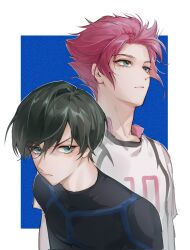 Rule 34 | 2boys, black bodysuit, black hair, blue background, blue eyes, blue lock, bodysuit, brothers, closed mouth, collared shirt, frown, highres, itoshi rin, itoshi sae, looking away, male focus, multiple boys, p66666l, red hair, shirt, short hair, siblings, soccer uniform, sportswear, upper body, v-shaped eyebrows, white shirt