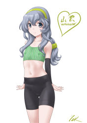 Rule 34 | 1girl, arm warmers, bike shorts, black shorts, bra, character name, covered erect nipples, cowboy shot, flat chest, green hairband, grey eyes, grey hair, hairband, highres, kantai collection, long hair, looking at viewer, panties under bike shorts, shirt, shorts, sidelocks, simple background, solo, standing, striped bra, striped clothes, t2r, underwear, wavy hair, white background, yamagumo (kancolle)