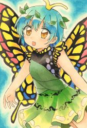 Rule 34 | 1girl, antennae, blue background, blue hair, butterfly wings, dress, eternity larva, green dress, hair ornament, highres, insect wings, leaf, leaf hair ornament, leaf on head, maa (forsythia1729), multicolored clothes, multicolored dress, open mouth, short hair, short sleeves, single strap, touhou, traditional media, wings, yellow eyes, yellow wings
