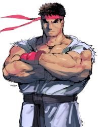 Rule 34 | 1boy, artist name, bad id, bad twitter id, belt, black belt, black eyes, black hair, commentary, dougi, dreaminerryday, english commentary, headband, looking at viewer, male focus, martial arts belt, muscular, red headband, ryu (street fighter), simple background, solo, standing, street fighter, street fighter ii (series), v-shaped eyebrows, white background
