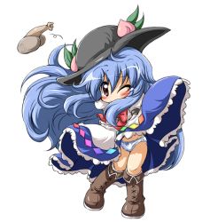 1girl bad_id bad_pixiv_id blue_hair blush boots bow bow_panties brown_eyes clothes_lift cross-laced_footwear d.a female_focus food fruit full_body hat hinanawi_tenshi lace-up_boots long_hair one_eye_closed panties pantyshot peach skirt skirt_lift solo standing tears touhou transparent_background underwear upskirt white_panties wind wind_lift wink