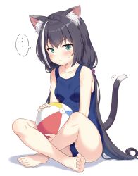 Rule 34 | ..., 1girl, absurdres, animal ear fluff, animal ears, ball, bare shoulders, barefoot, beachball, black hair, blue one-piece swimsuit, blush, breasts, cat ears, cat tail, closed mouth, collarbone, commentary request, frown, full body, green eyes, highres, indian style, karyl (princess connect!), long hair, looking at viewer, multicolored hair, one-piece swimsuit, princess connect!, shadow, simple background, sitting, small breasts, solo, spoken ellipsis, streaked hair, sweatdrop, swimsuit, tail, tail raised, very long hair, white background, white hair, yamasan