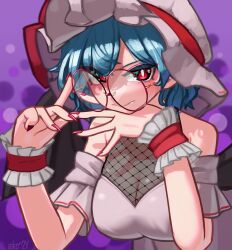 Rule 34 | 1girl, alternate costume, ascot, bare shoulders, bat wings, blue hair, breasts, cleavage, closed mouth, dress, fang, fishnet top, fishnets, glasses, hat, hat ribbon, highres, looking at viewer, mob cap, pink dress, pink hat, red eyes, red nails, remilia scarlet, ribbon, round eyewear, short hair, solo, touhou, wings, wrist cuffs, zakozako y
