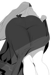 Rule 34 | 1girl, ass, ass focus, dress, from behind, greyscale, highres, huge ass, long hair, long sleeves, lying, momoko (shoutao), monochrome, on stomach, original, shoutao, solo, thick thighs, thighs, very long hair, white background, wide hips