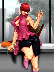 Rule 34 | 1girl, against wall, alternate costume, bare shoulders, boots, breasts, casual, cleavage, cleavage cutout, clothing cutout, earrings, fatal fury, hair over eyes, jewelry, kabane (follabi), large breasts, nail polish, pink footwear, red hair, shermie (kof), short hair, skirt, smile, solo, split ponytail, string, the king of fighters, wide hips