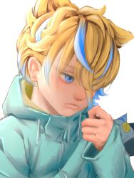 Rule 34 | 1boy, blonde hair, blue eyes, blue hair, blue jacket, closed mouth, commentary request, drawstring, emoto nameru, hand up, highres, hood, hood down, hooded jacket, jacket, kanata (maimaimaigoen), maimaimaigoen, male focus, multicolored hair, nose, short hair, simple background, solo, white background, zipper