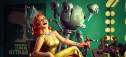 Rule 34 | 1girl, 1other, bracelet, cola, dressing room, drink, fallout (series), fallout 76, gold dress, highres, holding, holding drink, indoors, jewelry, looking at viewer, makeup brush, medium hair, mirror, mister handy (fallout), necklace, nuka cola, official art, open mouth, orange hair, poster (object), robot, sitting, teeth