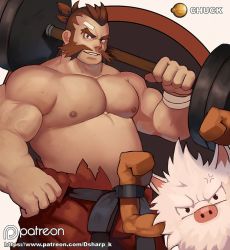 Rule 34 | 1boy, anger vein, bandaid, bandaid on face, barbell, bare pectorals, black sash, brown hair, brown pants, character name, chuck (pokemon), commentary, creatures (company), dsharp, facial hair, game freak, gen 1 pokemon, gym leader, hand up, holding, large pectorals, light smile, looking at viewer, male focus, muscular, nintendo, nipples, pants, parted lips, patreon logo, pectorals, pokemon, pokemon (creature), pokemon hgss, primeape, sash, topless male, watermark, web address, wrist wrap