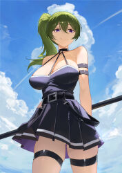 Rule 34 | 1girl, absurdres, arm strap, bare shoulders, belt, belt buckle, blue dress, breasts, buckle, choker, cleavage, closed mouth, cloud, cloudy sky, cowboy shot, dress, green hair, highres, holding, holding weapon, large breasts, long hair, looking at viewer, outdoors, pleated dress, purple eyes, serelith, side ponytail, skindentation, sky, smile, solo, sousou no frieren, thigh strap, thighs, ubel (sousou no frieren), weapon