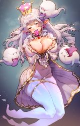 Rule 34 | + +, 1girl, absurdres, blush, boo (mario), breasts, brooch, cleavage, clothes lift, crown, dress, dress lift, earrings, frilled dress, frills, ghost, ghost tail, gloves, hair between eyes, highres, jewelry, large breasts, licking, lifting own clothes, long hair, long tongue, looking at viewer, luigi&#039;s mansion, mario (series), md5 mismatch, muloli, navel, new super mario bros. u deluxe, nintendo, one eye closed, open mouth, pointy ears, princess king boo, purple eyes, resolution mismatch, revision, sharp teeth, short sleeves, silver hair, skindentation, smile, source larger, super crown, teeth, tongue, tongue out, white dress, white gloves
