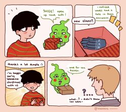 Rule 34 | 2boys, artist name, black eyes, black hair, blush, box, christmas, christmas sweater, closed eyes, comic, commentary, ekubo (mob psycho 100), english commentary, english text, gift, gift box, gloves, unworn gloves, happy, highres, holding, holding box, holding gift, kageyama shigeo, kaogens, long sleeves, looking at another, male focus, mob psycho 100, multiple boys, open mouth, orange hair, red sweater, reigen arataka, short hair, simple background, smile, speech bubble, spirit, sweater, white background