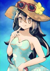 Rule 34 | 1girl, absurdres, asatte 3z, bare shoulders, black hair, blue dress, breasts, cleavage, closed mouth, collarbone, creatures (company), dress, eyewear on headwear, finger to face, flower, game freak, hair between eyes, hand up, hat, hat flower, hibiscus, highres, holding, holding poke ball, index finger raised, long hair, medium breasts, nintendo, orange eyes, orange hat, poke ball, poke ball (basic), poke ball print, pokemon, pokemon sm, print dress, red-framed eyewear, sightseer (pokemon), smile, solo, split mouth, strapless, strapless dress, sunglasses, tongue, tongue out, v-shaped eyebrows, yellow flower