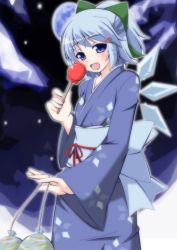 Rule 34 | 1girl, alternate costume, alternate hairstyle, bag, blue eyes, blue hair, bow, candy apple, cirno, fang, food, hair bow, hair ornament, hairclip, ice, ice wings, japanese clothes, kimono, long sleeves, looking at viewer, masiromu, matching hair/eyes, obi, open mouth, ponytail, sash, smile, solo, touhou, wide sleeves, wings