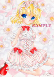 Rule 34 | 10s, 1girl, 2012, alice margatroid, blonde hair, blue eyes, bow, bowtie, checkered floor, corset, dated, dress, female focus, floor, flower, frilled sleeves, frills, hair ribbon, lolita fashion, marker (medium), mocomoco party, pale color, puffy short sleeves, puffy sleeves, red footwear, ribbon, sample watermark, shoes, short hair, short sleeves, signature, sitting, solo, striped clothes, striped dress, sweet lolita, touhou, traditional media, vertical stripes, wariza, watermark