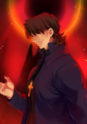 Rule 34 | 1boy, brown eyes, brown hair, cheekbones, cross, cross necklace, fate/stay night, fate (series), holy grail, jewelry, kotomine kirei, male focus, necklace, solo, sunday31