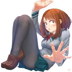 Rule 34 | 10s, :o, blush stickers, boku no hero academia, brown eyes, brown footwear, brown hair, collared shirt, commentary, full body, green skirt, grey jacket, grey pantyhose, highres, jacket, justin leyva (steamy tomato), legs together, long sleeves, looking at viewer, necktie, pantyhose, parted lips, pleated skirt, red necktie, sanpaku, school uniform, shirt, shoes, short hair, simple background, sitting, skirt, solo, uraraka ochako, whi, white background, white shirt, wing collar