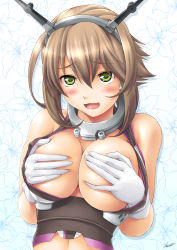 Rule 34 | 1girl, artist name, bare arms, blush, breast hold, breasts, breasts squeezed together, brown hair, cleavage, collar, collarbone, covering privates, covering breasts, deep skin, flipped hair, floral background, gloves, green eyes, hair between eyes, hand under clothes, headgear, highres, kagehara hanzou, kantai collection, large breasts, looking at viewer, midriff, mutsu (kancolle), navel, open mouth, short hair, solo, tongue, white background, white gloves