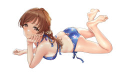 Rule 34 | 1girl, bikini, blue bikini, blush, brown hair, butt crack, dorsiflexion, feet up, floral print, hamedoragon, hand on own cheek, hand on own face, head rest, idolmaster, idolmaster cinderella girls, looking at viewer, lying, nitta minami, on stomach, simple background, smile, soles, solo, swimsuit, the pose, toes, white background