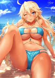 Rule 34 | 1girl, ahoge, aqua bikini, arm support, artist name, beach, between breasts, bikini, bikini tan, blonde hair, blue eyes, blue gemstone, blue nails, blue sky, blush, breasts, cloud, collarbone, commentary, day, earrings, eyepatch bikini, flag print, gem, groin, hair between eyes, highres, iowa (kancolle), jewelry, kantai collection, knee up, large breasts, light rays, long hair, looking at viewer, nail polish, navel, ocean, one eye closed, open mouth, outdoors, partially submerged, sakiyamama, sand, side-tie bikini bottom, sidelocks, signature, sitting, sky, smile, solo, sparkle, sparkle print, star-shaped pupils, star (symbol), star earrings, stomach, sunlight, swimsuit, symbol-shaped pupils, tan, tanline, thighs, tongue, tongue out, very long hair, wet