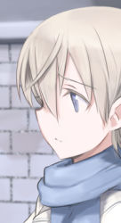 Rule 34 | 1girl, alternate hair length, alternate hairstyle, blonde hair, brick wall, eila ilmatar juutilainen, jacket, lowres, platinum blonde hair, profile, purple eyes, scarf, shimada fumikane, short hair, sideways mouth, solo, strike witches, winter clothes, world witches series