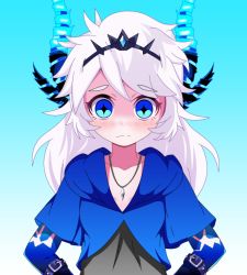 Rule 34 | + +, 1girl, arm belt, blue background, blue eyes, blush, carlos daniel, crown, diabla (elsword), elsword, gradient background, hands on own hips, horns, long hair, looking at viewer, luciela r. sourcream, nose blush, pointy ears, solo, upper body, white hair