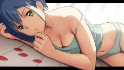 Rule 34 | 10s, 1girl, aqua panties, bare legs, bare shoulders, blue hair, breasts, camisole, cleavage, collarbone, darling in the franxx, dutch angle, flat chest, green eyes, hair ornament, hairclip, highres, ichigo (darling in the franxx), letterboxed, lying, medium breasts, multicolored hair, navel, on floor, on side, panties, parted lips, short hair, solo, spaghetti strap, stomach, strap slip, streaked hair, tomitayaki, underwear, underwear only