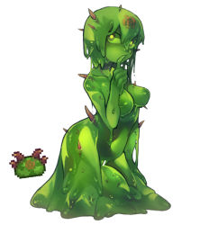 Rule 34 | 1girl, bar censor, breasts, brown eyes, censored, collarbone, colored nipples, colored skin, core, finger to mouth, full body, green hair, green nipples, green pupils, green skin, inverted nipples, looking to the side, medium breasts, monster girl, navel, nipples, nude, nyong nyong, personification, reference inset, short hair, simple background, slime (substance), slime girl, solo, spiked jungle slime (terraria), terraria, white background