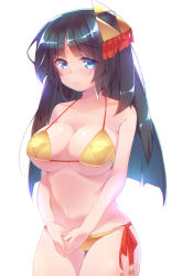 Rule 34 | 1girl, bikini, black hair, blue eyes, blush, breasts, cleavage, closed mouth, hair ornament, halterneck, highres, large breasts, long hair, looking at viewer, navel, odawara (oshiro project), oshiro project:re, own hands together, shaneru, shiro project, side-tie bikini bottom, simple background, smile, solo, swimsuit, thigh gap, v arms, very long hair, white background, yellow bikini