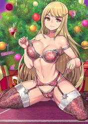 Rule 34 | 1girl, alternate costume, bra, breasts, cameltoe, christmas, cleavage, cleft of venus, gem, gift, jewelry, large breasts, lingerie, long hair, looking at viewer, mythra (xenoblade), navel, nintendo, redjet, removing bra, removing panties, shiny skin, sitting, solo, swept bangs, thighhighs, tree, underwear, very long hair, xenoblade chronicles (series), xenoblade chronicles 2, yellow eyes
