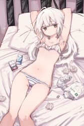 Rule 34 | 1girl, absurdres, armpits, arms behind head, bandaid, bandaid on leg, bed, bikini, bikini top only, blue panties, blush, bound, bound wrists, closed mouth, collarbone, condom box, dot mouth, feet out of frame, from above, grey eyes, highres, kimhiro, knees together feet apart, long hair, looking at viewer, lying, navel, on back, on bed, original, panties, pill, pillow, sidelocks, solo, stomach, striped clothes, striped panties, swimsuit, thigh gap, underwear, used tissue, white bikini, white hair, white panties
