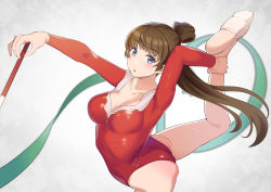 Rule 34 | 1girl, ass, blue eyes, breasts, brown hair, cleavage, gymnastics, holding own foot, leotard, long hair, medium breasts, ponytail, red leotard, rhythmic gymnastics, ribbon baton, simple background, solo, standing, standing on one leg, tomato (madanai the cat), white background
